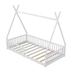 Floor Bed for Kids, Twin Size Tent Beds, Montessori Floor Bed with Slats and Fence Rails, Wood House Bed Frame for Boys Girls