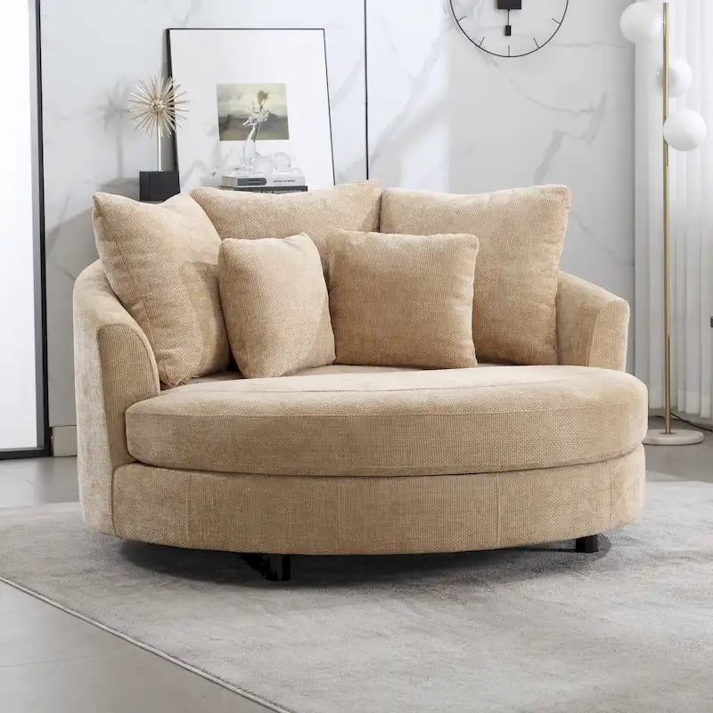 Fauteuil tonneau moderne rond avec 5 coussins et pouf en option