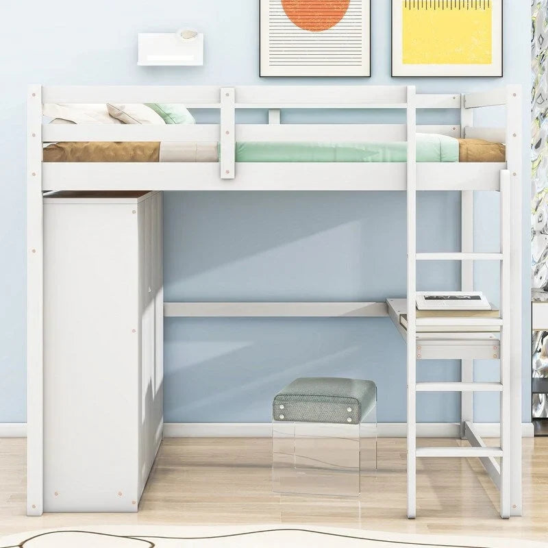 Lit mezzanine en bois 2 places avec armoire intégrée, bureau, étagères de rangement et tiroirs