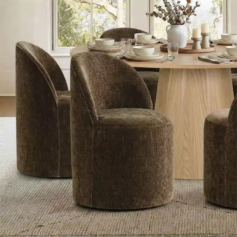 Ensemble de table à manger moderne pour 6 personnes, table ronde à piètement central, fauteuils tonneau pivotants à roulettes, chenille texturée - Panipeachy