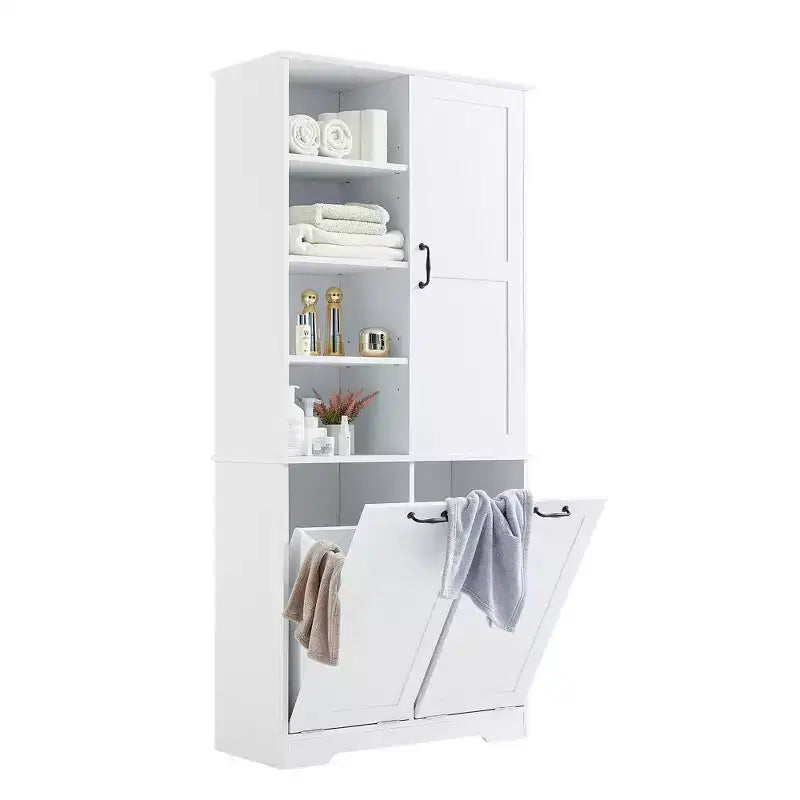 Meuble de rangement de salle de bains avec portes et tiroirs, panier à linge basculant, multiples espaces de rangement, style autoportant