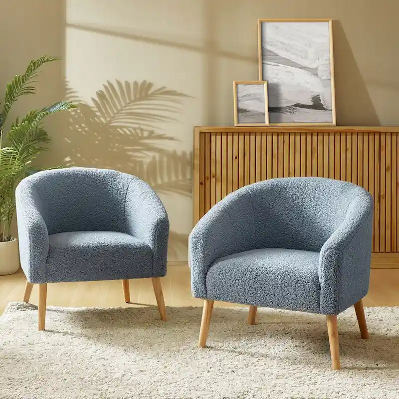 Fauteuil bouclé moderne Sheila de 30 W avec pieds en bois massif, lot de 2, par HULALA HOME