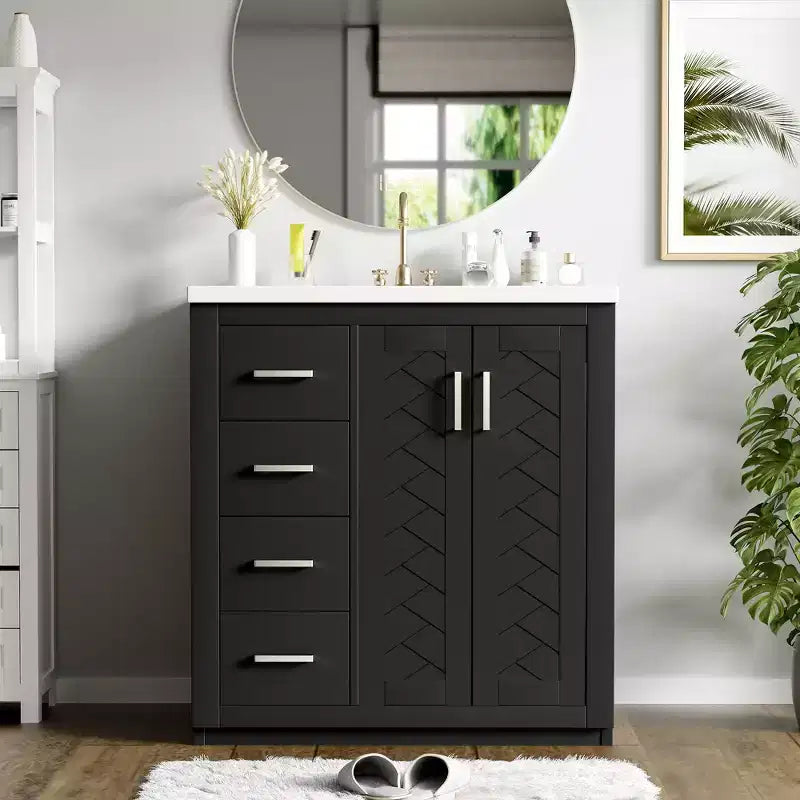 Meuble-lavabo de salle de bains simple de 30 pouces avec meuble et 3 tiroirs ??Noir / Bleu / Vert / Indigo / Blanc