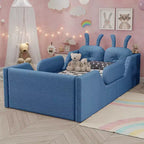 Letto a piattaforma singolo Whisen, struttura imbottita per letto a terra per bambini con cuscino a forma di coniglio e sponde laterali rimovibili