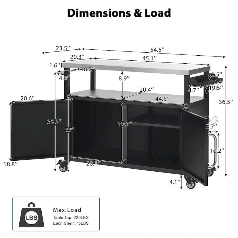 Îlot de cuisine extérieur avec plateau en acier inoxydable, chariot de gril en métal avec meuble de rangement - N/A