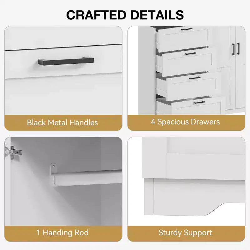 Armadio guardaroba in legno alto 43,3" con 4 cassetti e barra appendiabiti, mobile contenitore multifunzionale per abiti da camera da letto