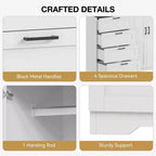Armadio guardaroba in legno alto 43,3" con 4 cassetti e barra appendiabiti, mobile contenitore multifunzionale per abiti da camera da letto