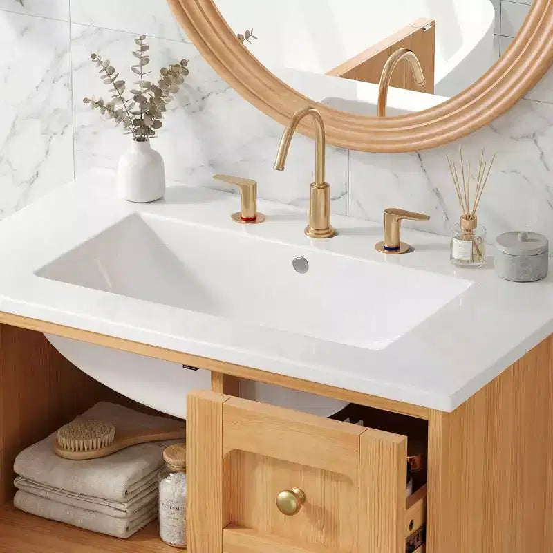 Meuble-lavabo en céramique JVNOXK de 30 po, style rustique moderne, avec 3 tiroirs et 1 grande porte à fermeture amortie, meuble de rangement à grain de bois naturel