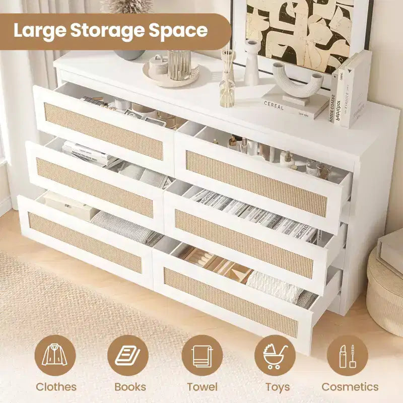 Cassettiera in rattan per camera da letto con 6 cassetti, cassettiera larga moderna in stile rustico da 47 pollici, mobile contenitore in legno per organizzare armadio, soggiorno e corridoio