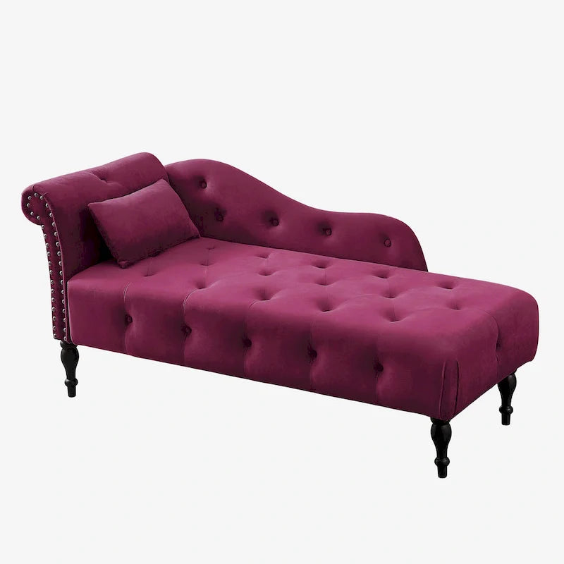 Chaise longue moderna da 60,6" in velluto con bottoni trapuntati, gambe in legno massello e borchie decorative