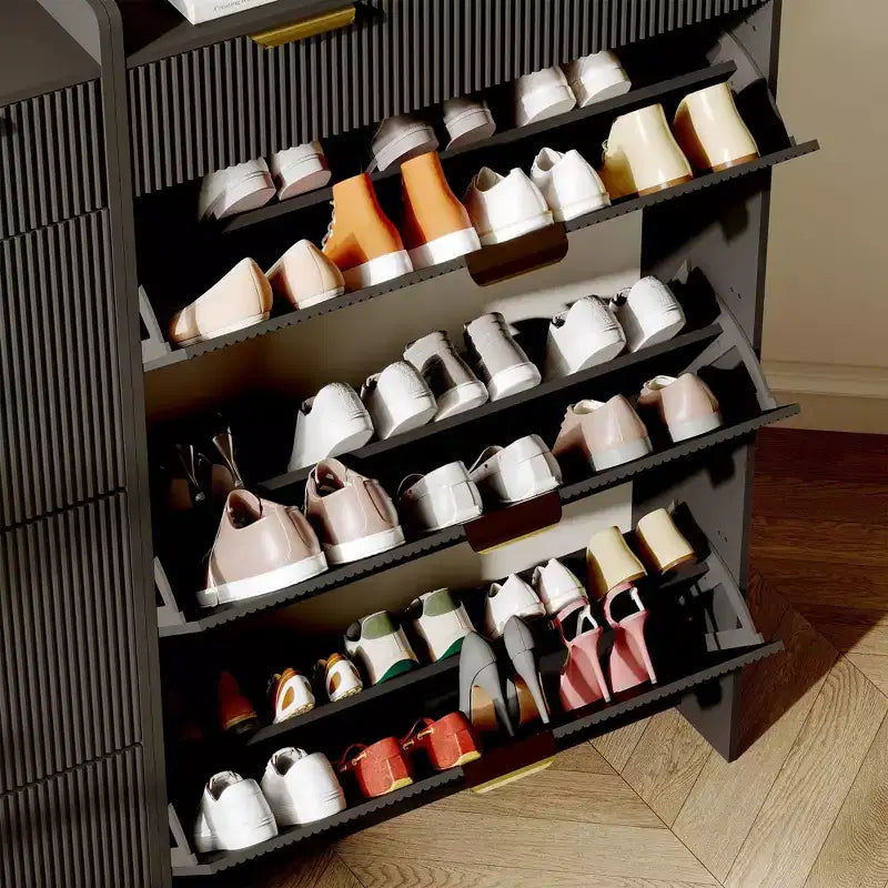 Scarpiera moderna bianca con 3 cassetti ribaltabili, 2 cassetti piccoli e ganci, organizer sottile scanalato per scarpe, mobile stretto per ingresso
