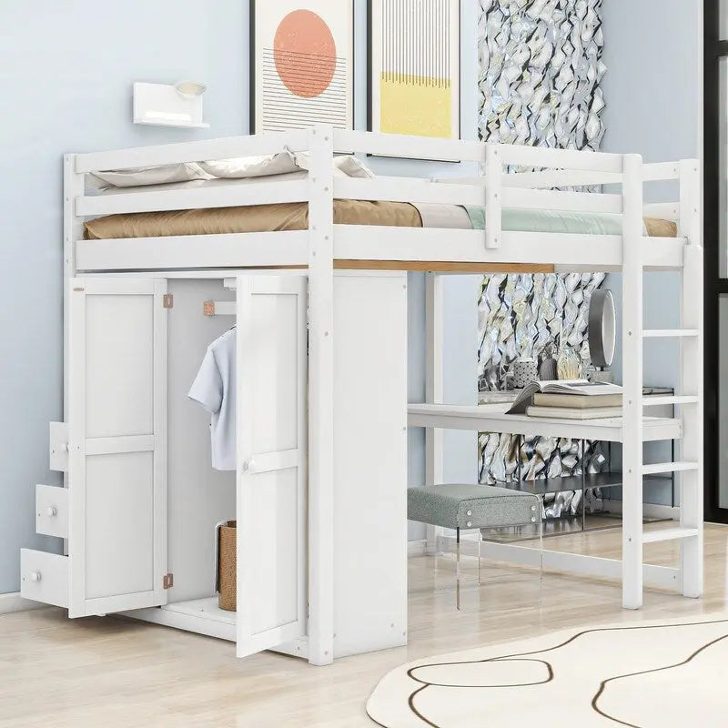 Lit mezzanine en bois 2 places avec armoire intégrée, bureau, étagères de rangement et tiroirs
