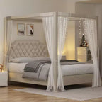 Cadre de lit à baldaquin Queen Size avec poteaux et supports d’angle à 4 coins, lattes en bois massif, sans sommier requis, silencieux
