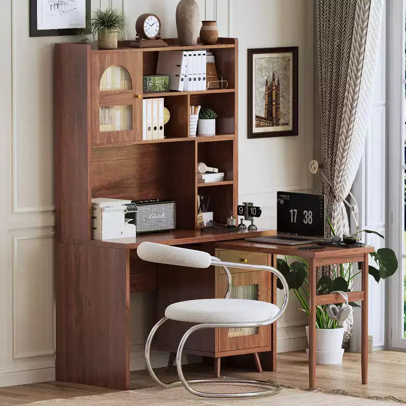 Scrivania moderna in legno per home office Okak con piano/sedia e libreria, scrivania da studio con spazio per adolescenti e studenti, per studio e ufficio