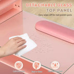 Table de manucure moderne noire et rose avec plateau en verre et repose-poignets, poste individuel