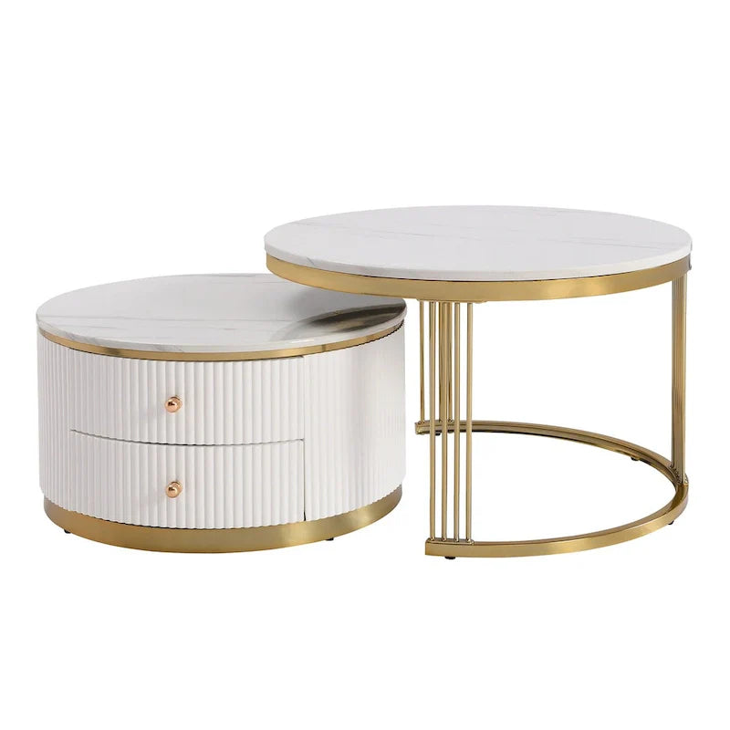2 Pieces White Round Nesting Coffee Table with Drawers