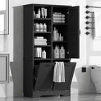 Meuble de rangement de salle de bains avec portes et tiroirs, panier à linge basculant, multiples espaces de rangement, style autoportant