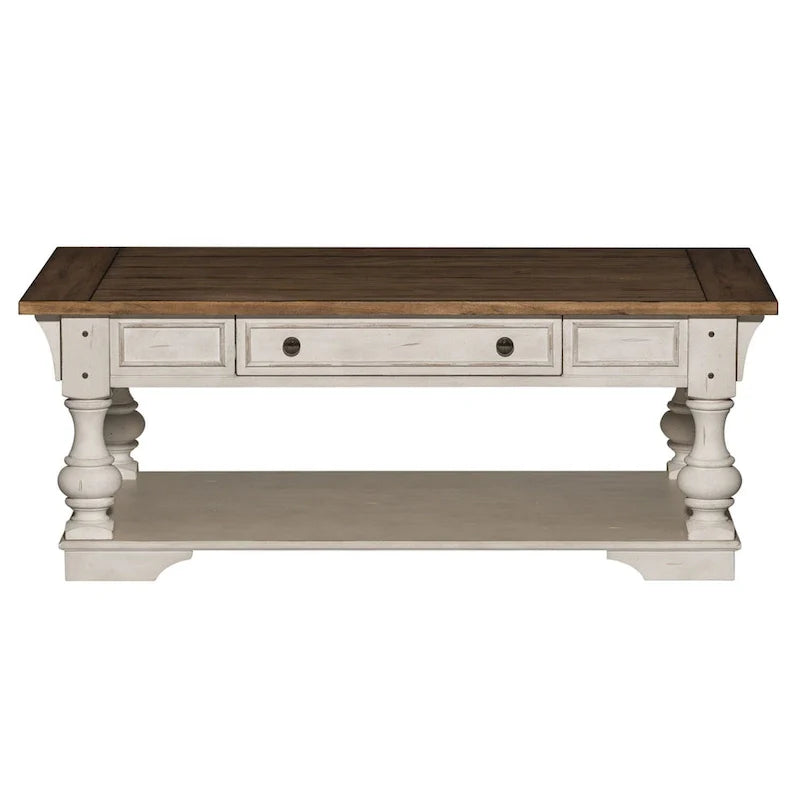 Table basse Morgan Creek blanc antique avec accents brossés couleur tabac