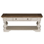 Table basse Morgan Creek blanc antique avec accents brossés couleur tabac