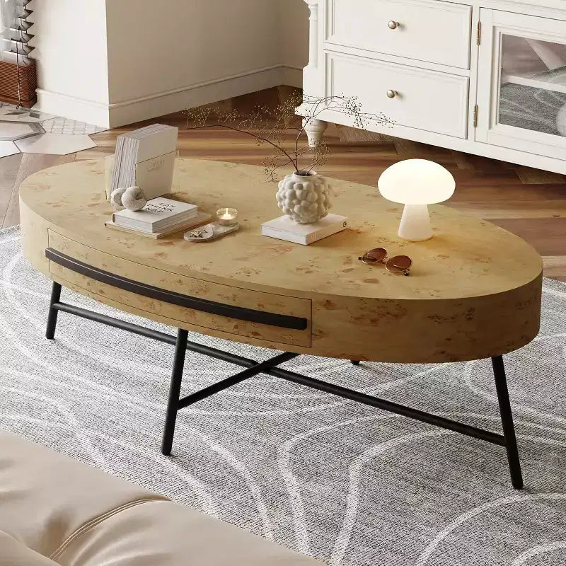 Table basse ovale Acekool avec tiroir, table de rangement en bois de 47,2 avec pieds en métal croisés, table centrale moderne du milieu du siècle en finition bois naturel et saule doré