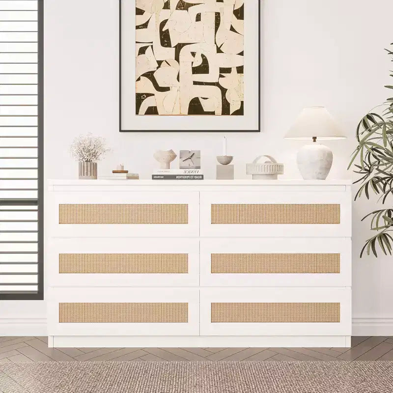 Cassettiera in rattan per camera da letto con 6 cassetti, cassettiera larga moderna in stile rustico da 47 pollici, mobile contenitore in legno per organizzare armadio, soggiorno e corridoio