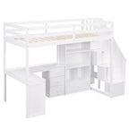 Letto a soppalco singolo con scrivania a L, 3 cassetti, armadietto e spazio contenitore nella scala, struttura in pino massello e MDF