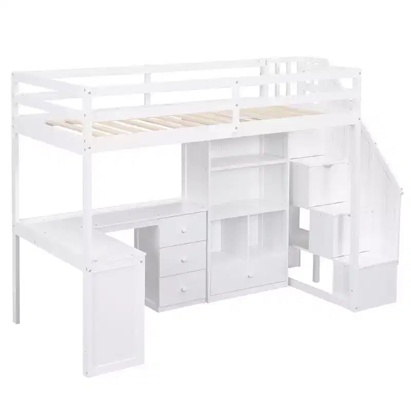 Letto a soppalco singolo con scrivania a L, 3 cassetti, armadietto e spazio contenitore nella scala, struttura in pino massello e MDF