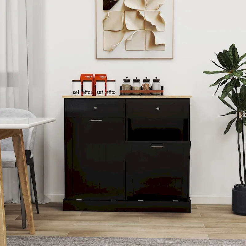 Mobiletto da cucina per rifiuti con due cassetti e due vani ribaltabili, nero