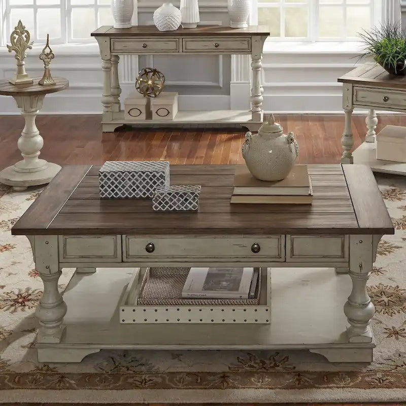 Table basse Morgan Creek blanc antique avec accents brossés couleur tabac