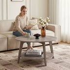 Honey Brown Round Coffee Table with 2 Tiers of Storage, Measuring 31.5 x 17.7 Inches, Ideal for the Living Room