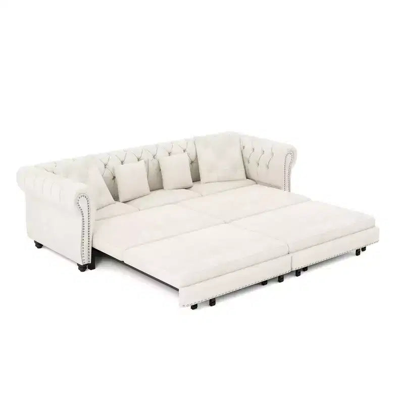 Canapé-lit escamotable et convertible Whisen en velours, format très grand lit, 3-en-1, avec ottoman amovible et design capitonné