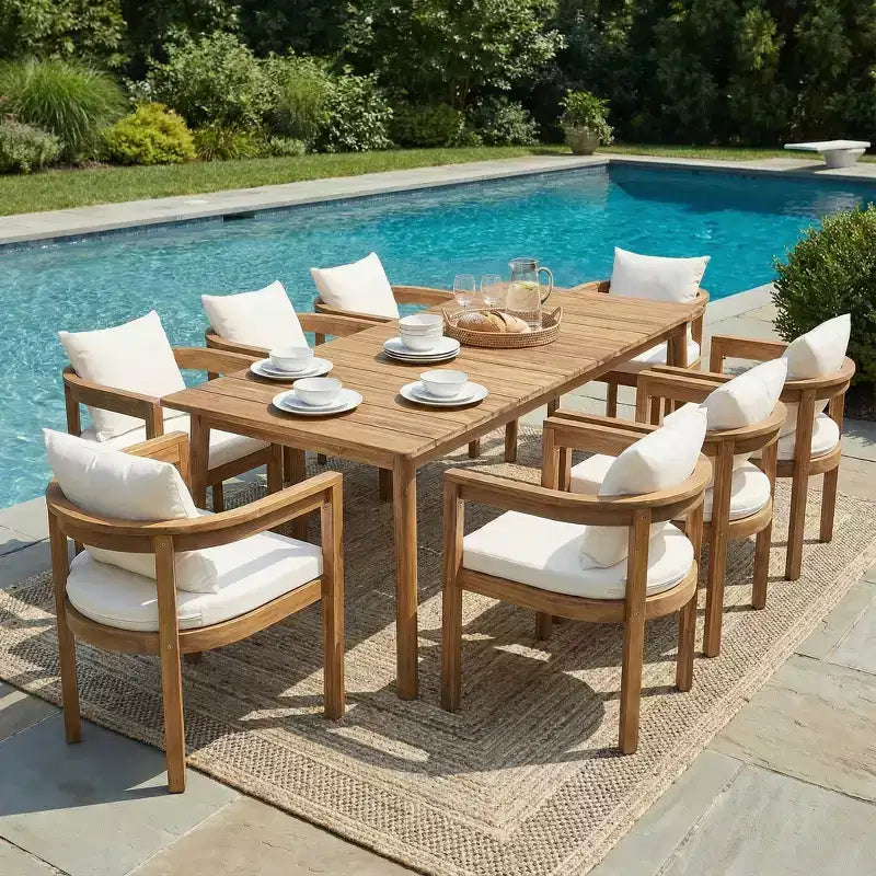 Christopher Knight Home Irene Ensemble repas d’extérieur rustique de 9 pièces en bois d’acacia, avec chaises à dossier incurvé et coussins