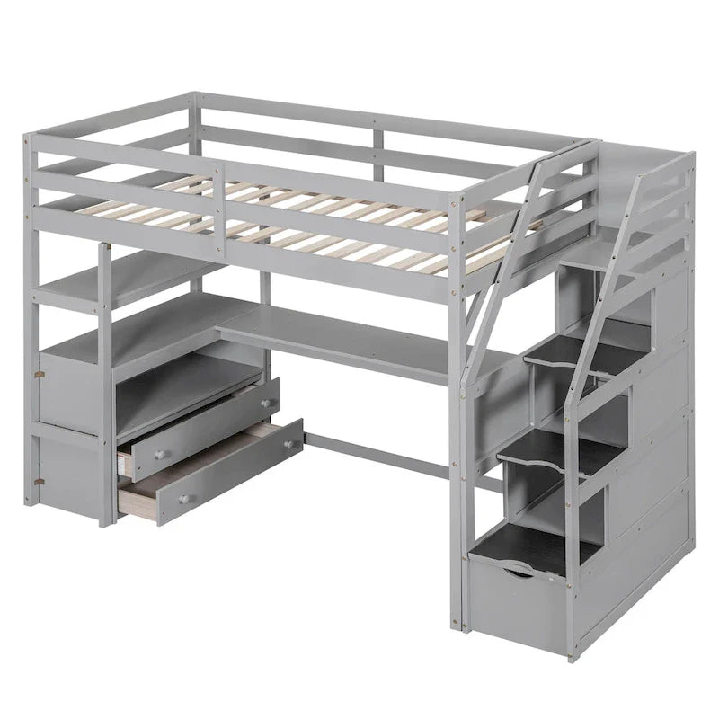 Lit mezzanine une place avec bureau et étagères, deux tiroirs intégrés et escalier de rangement