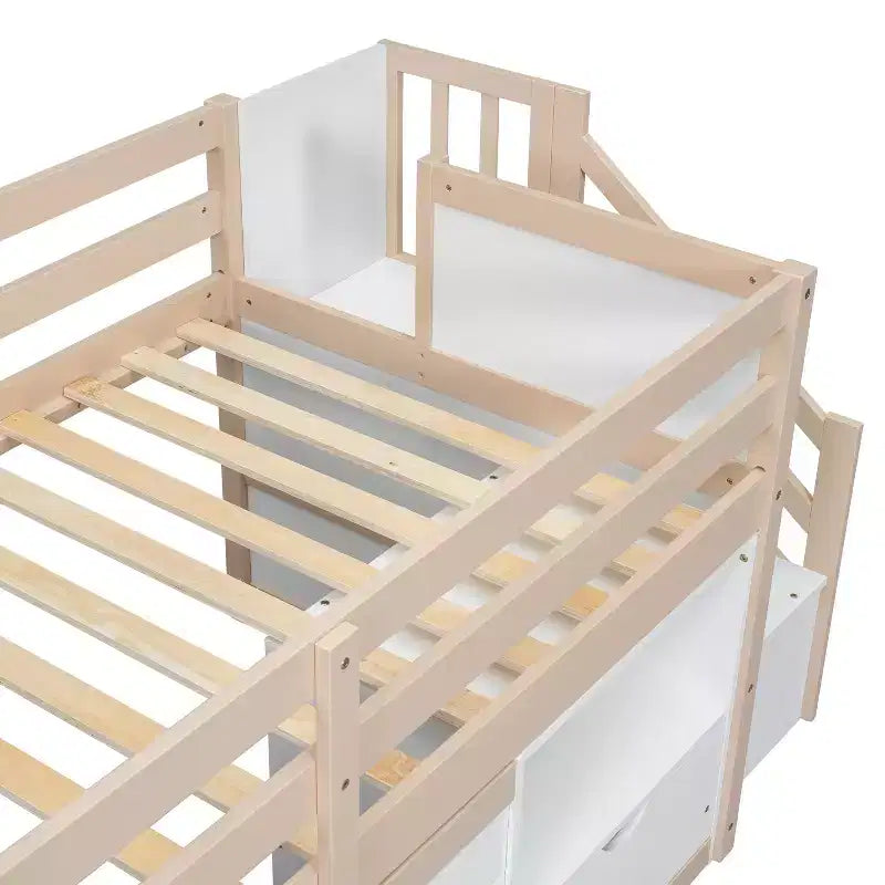 Letto soppalcato singolo Okak in legno massello con scale e spazio contenitore, letto a castello singolo basso con cassetti e ripiani, letto soppalcato multifunzionale per bambini e ragazzi