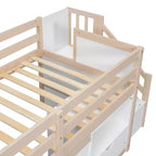 Letto soppalcato singolo Okak in legno massello con scale e spazio contenitore, letto a castello singolo basso con cassetti e ripiani, letto soppalcato multifunzionale per bambini e ragazzi