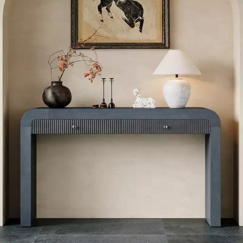 Table console rustique Whisen, table d’entrée et table d’appoint avec façade de tiroir cannelée