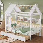 Haus-Hochbett mit Aufbewahrungsschubladen und Fenster, Rahmen aus Massivholz mit Regalen, kindlich-verspieltes Design, helles Weiß