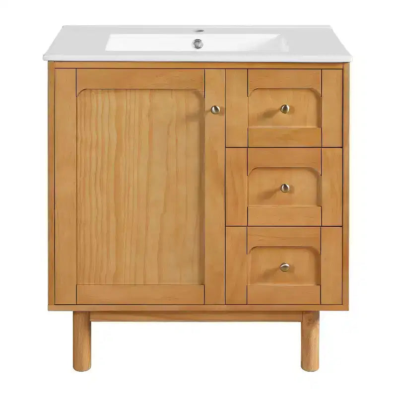 Meuble-lavabo en céramique JVNOXK de 30 po, style rustique moderne, avec 3 tiroirs et 1 grande porte à fermeture amortie, meuble de rangement à grain de bois naturel