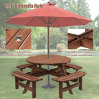 Ensemble de pique-nique et repas rond pour terrasse extérieure en bois de sapin, 8 personnes, avec 4 bancs intégrés et trou pour parasol