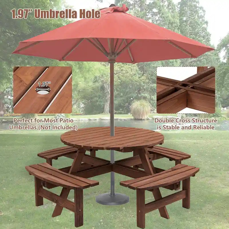 Ensemble de pique-nique et repas rond pour terrasse extérieure en bois de sapin, 8 personnes, avec 4 bancs intégrés et trou pour parasol