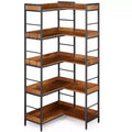 Bibliothèque d’angle en L à 5 niveaux, meuble industriel en bois et métal 65, brun rustique, rangement réversible pour salon, chambre et bureau à domicile