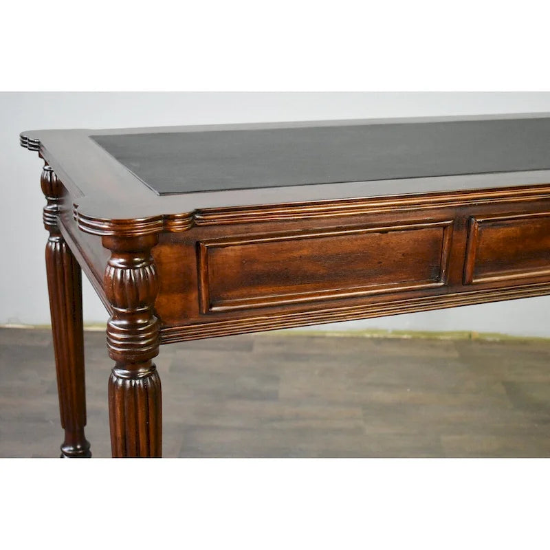 Dark Brown / Light Brown Victorian-Style Solid Mahogany Desk with Black Leather Top and 3 Drawers ?C Single Unit