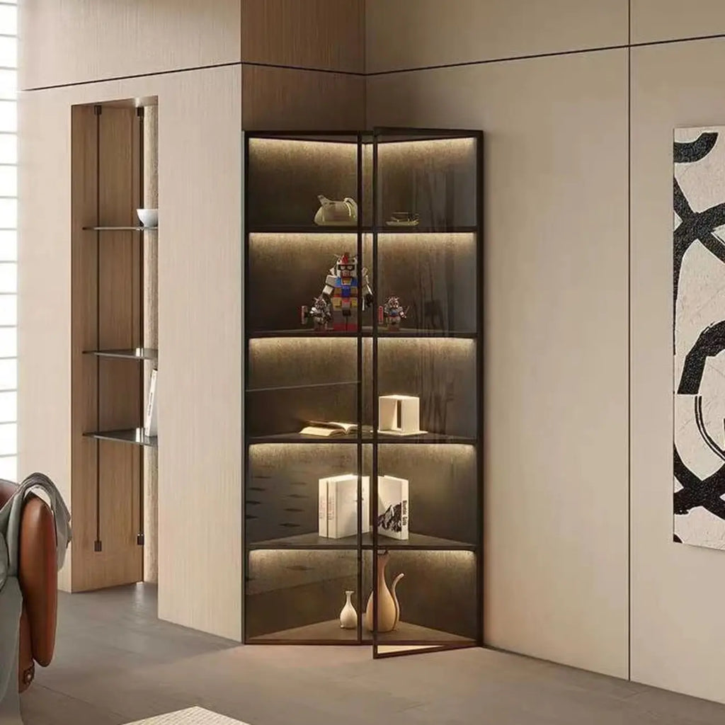 Mobile angolare moderno da esposizione in metallo e legno grigio con anta in vetro