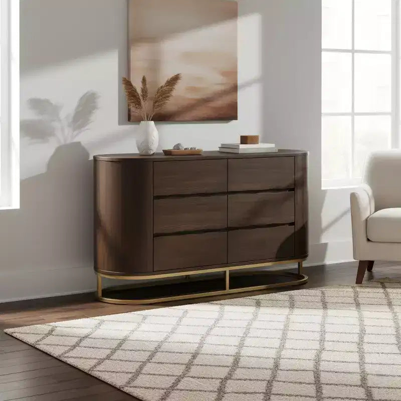 Cassettiera moderna a 6 cassetti con design a bordo vivo, base in metallo e struttura resistente in legno misto