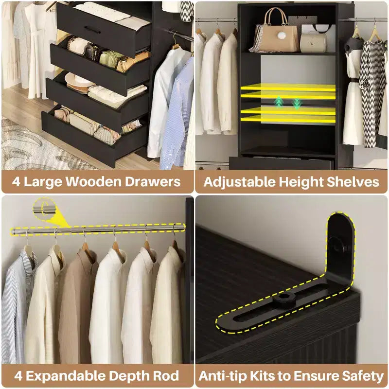 Système d’organisation de dressing en bois Besiost de 4 à 9 pieds avec 4 tiroirs, 4 tringles et des colonnes d’étagères