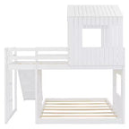 Lit superposé en bois Luxystar avec couchage supérieur une place et inférieur deux places, maisonnette, toboggan et barrières de sécurité
