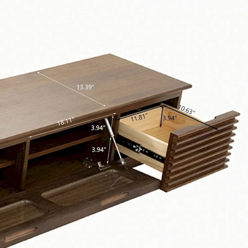Meuble TV minimaliste avec tiroirs, console multimédia en bois massif avec placards, porte basculante, placage noyer, entièrement assemblée