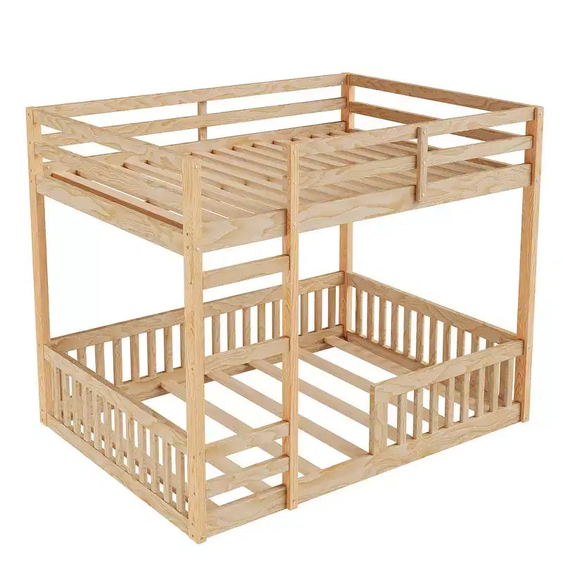 Letto a castello in legno matrimoniale sopra matrimoniale con scala e sponde di sicurezza, letto a castello matrimoniale basso con rete a doghe