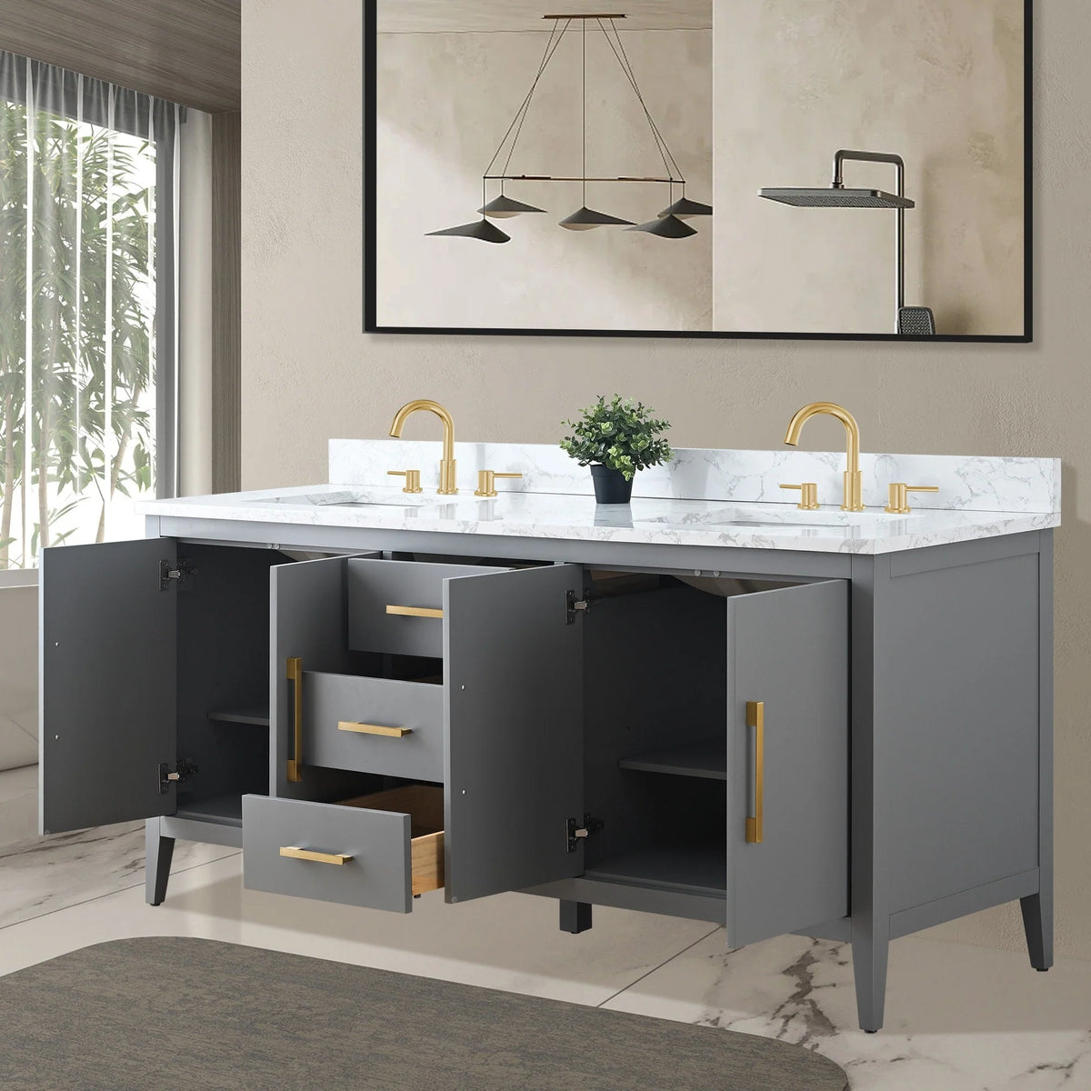 Meuble-lavabo Vanity Art 72 à double vasque avec plateau en marbre reconstitué