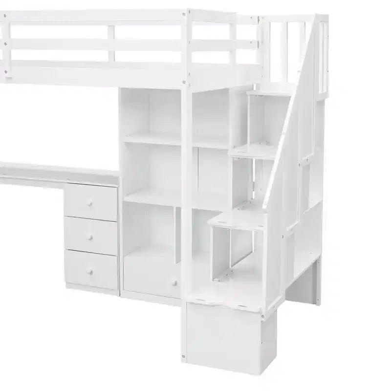 Letto a soppalco singolo con scrivania a L, 3 cassetti, armadietto e spazio contenitore nella scala, struttura in pino massello e MDF